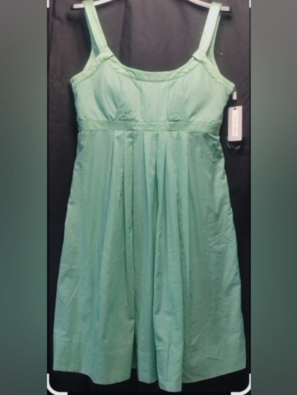 Calvin Klein Mint Green Pleated A-Line Knee-Length Dress with Silk Trim. Size 12